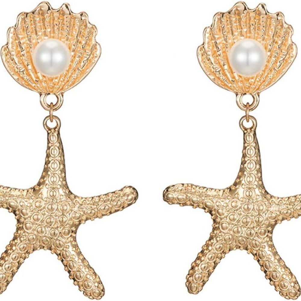 Sea Shell Charm Cowrie Earrings Dangle Golden Mermaid Earrings Scallop Beach Ret